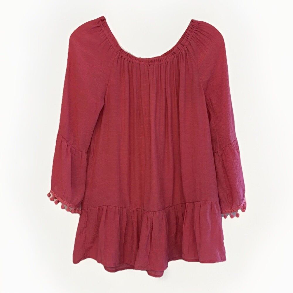 Spense Roseate Red Peasant Top with Pom Detail